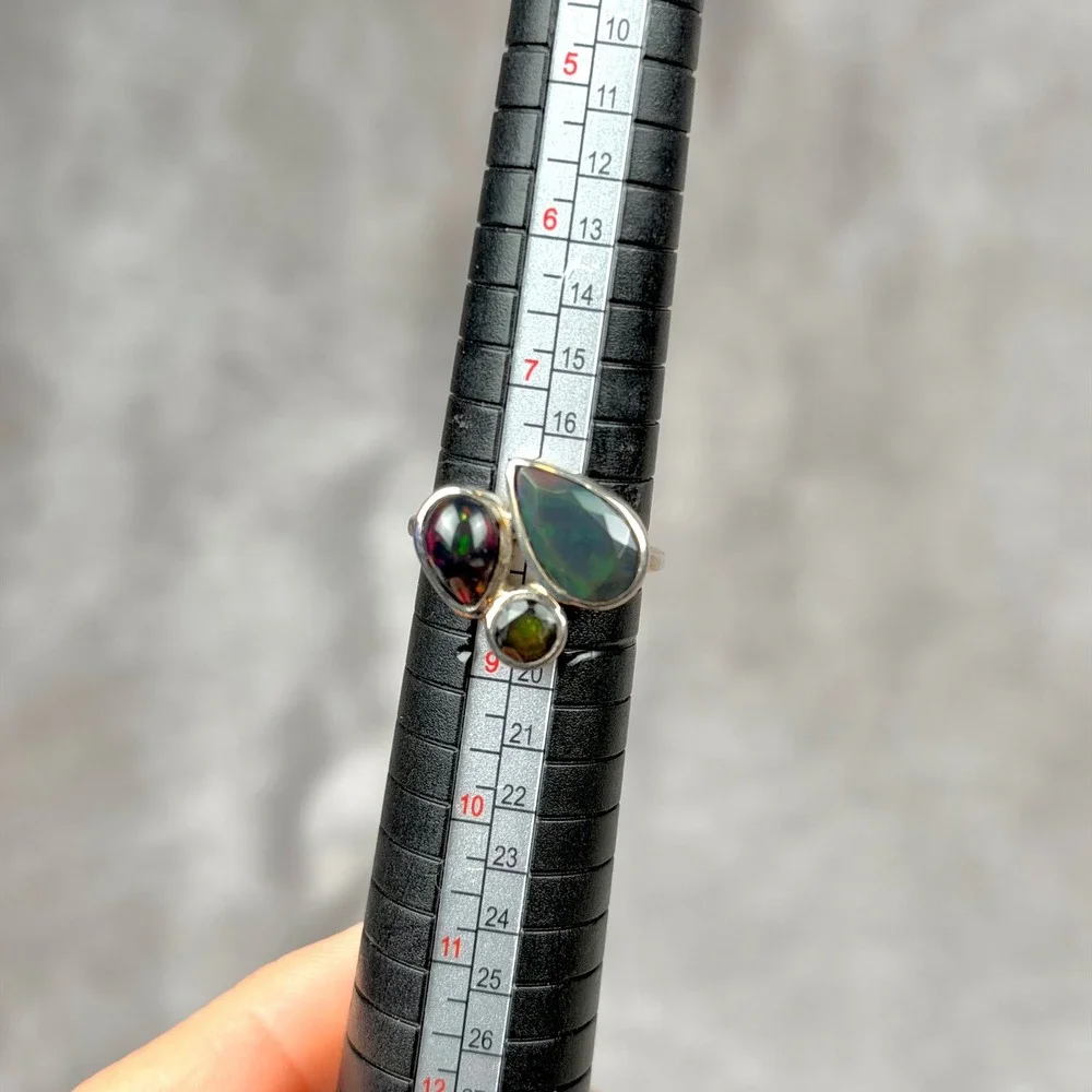 Whimsigoth Ethiopian Black Opal Silver Ring Size 8 Cluster Teardrop Round Oval